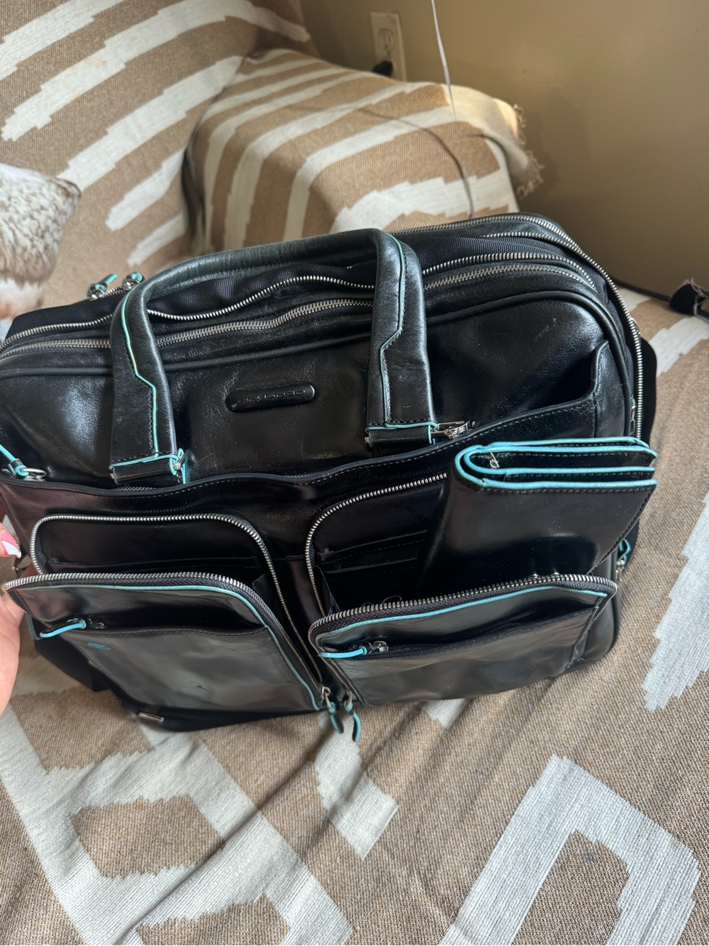 Black Leather Briefcase Bag with Teal Trim - Men Bags